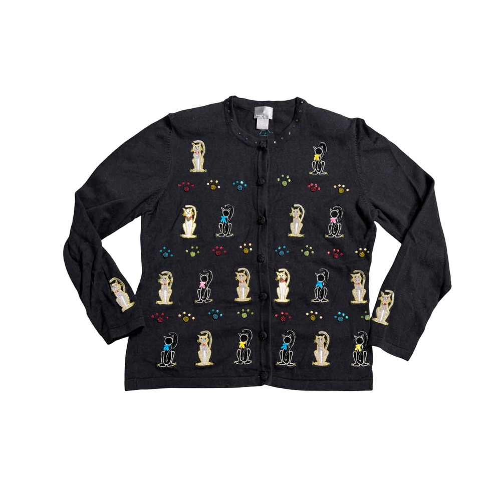 Vintage Berek Cat Cardigan Women's M Embroidered Beaded Novelty Art to Wear